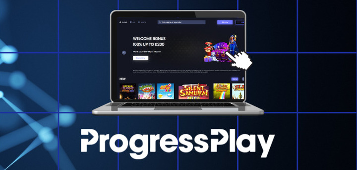 Progress Play casino logo and the laptop.