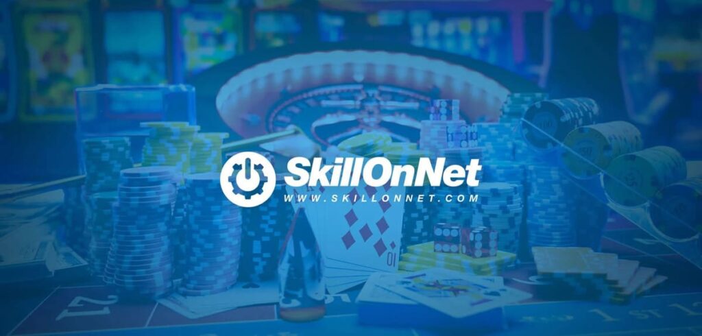 SkillOnNet Ltd casino image with logo, chip and cards.