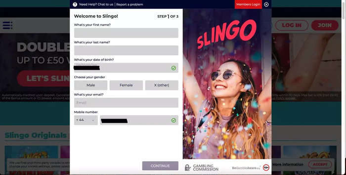 Slingo casino registration form.