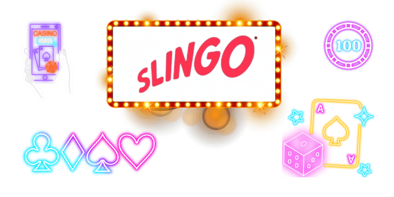 Slingo casino logo with gambling elements.